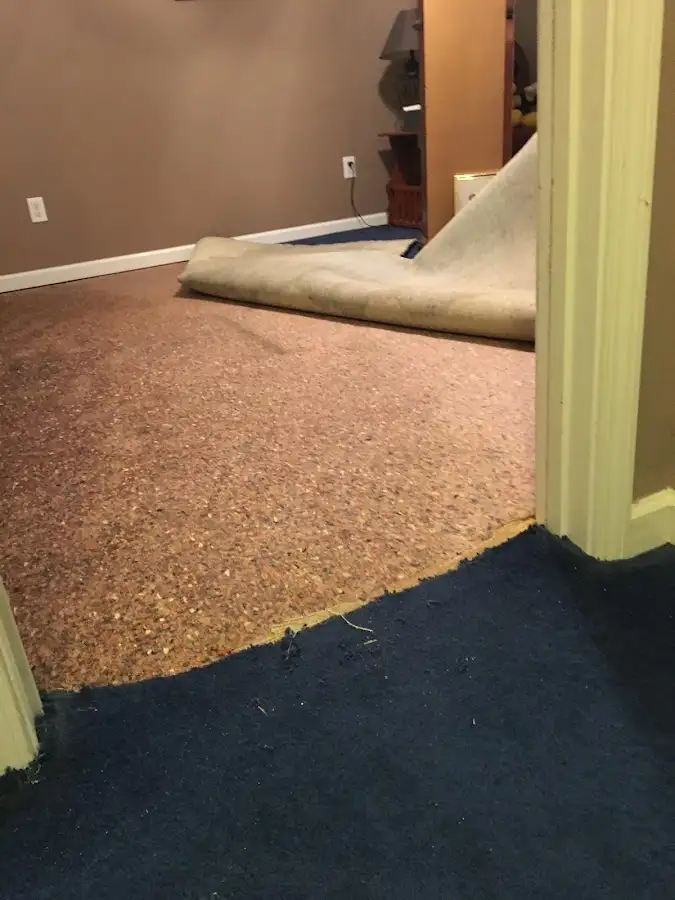 Carpet pad removal revealing water damage during Drying & Dehumidification in Penn Hills